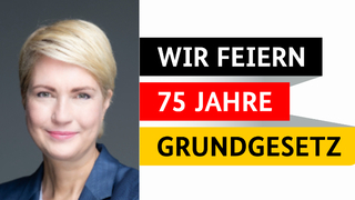 Logo des Demokratiefestes „75 Jahre Grundgesetz“ und Portrait von Bundesratspräsidentin Manuela Schwesig Logo des Demokratiefestes „75 Jahre Grundgesetz“ und Portrait von Bundesratspräsidentin Manuela Schwesig