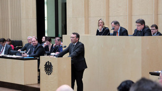 Foto: Minister Peter Friedrich am Rednerpult des Plenarsaals