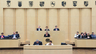 Foto: Staatsministerin Irene Alt (Rheinland-Pfalz) am Rednerpult des Plenarsaals