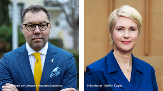 Porträts vom Botschafter der Ukraine Oleksii Makeiev und von Bundesratspräsidentin Manuela Schwesig in einer Collage Porträts vom Botschafter der Ukraine Oleksii Makeiev und von Bundesratspräsidentin Manuela Schwesig in einer Collage